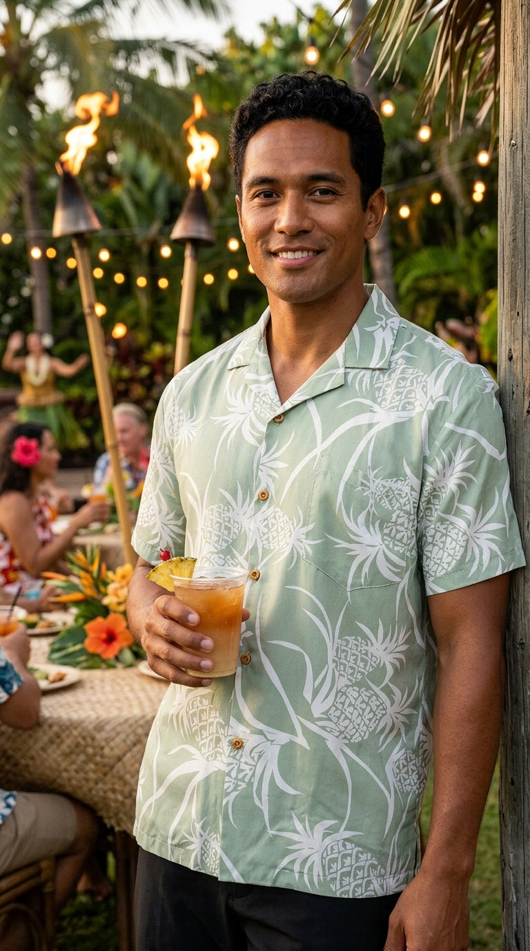 Men's Pineapple Luau, Wood Buttons, Luau, Dinner, Vacation, Aloha Friday, Made in Hawaii, Fabric: 100% Rayon, Fits: Larger Than Expected