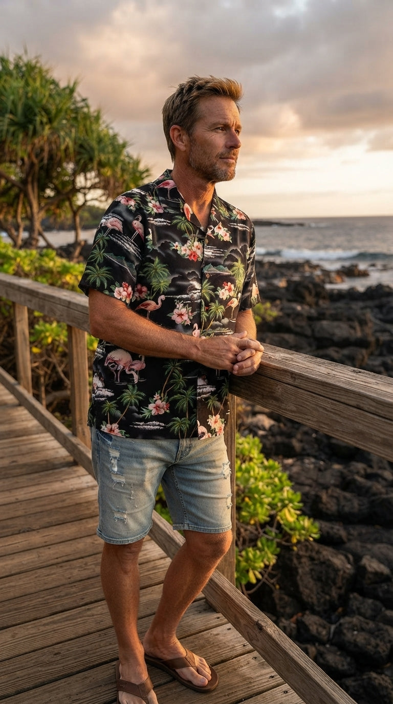Pink Flamingo Hibiscus Men's Shirt — Men's Cotton Shirts — RJC