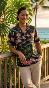 Pink Flamingo HIbiscus Women's Hawaiian Camp Shirt — Womens Cotton Shirts — RJC