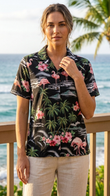 Pink Flamingo HIbiscus Women's Hawaiian Camp Shirt — Womens Cotton Shirts — RJC