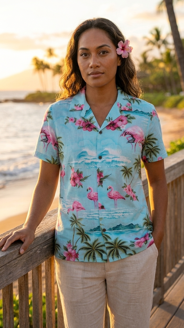 Pink Flamingo HIbiscus Women's Hawaiian Camp Shirt — Womens Cotton Shirts — RJC