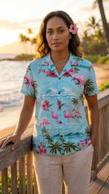 Pink Flamingo HIbiscus Women's Hawaiian Camp Shirt — Womens Cotton Shirts — RJC