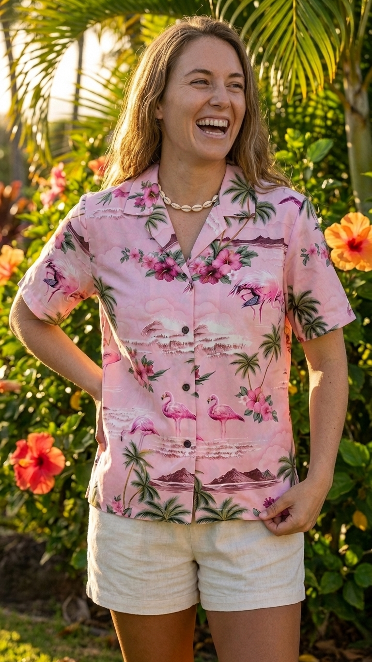 Pink Flamingo HIbiscus Women's Hawaiian Camp Shirt — Womens Cotton Shirts — RJC
