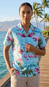 Pink Flamingo HIbiscus Women's Hawaiian Camp Shirt — Womens Cotton Shirts — RJC