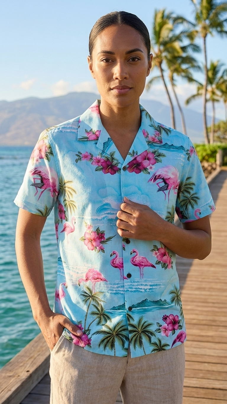 Pink Flamingo HIbiscus Women's Hawaiian Camp Shirt — Womens Cotton Shirts — RJC