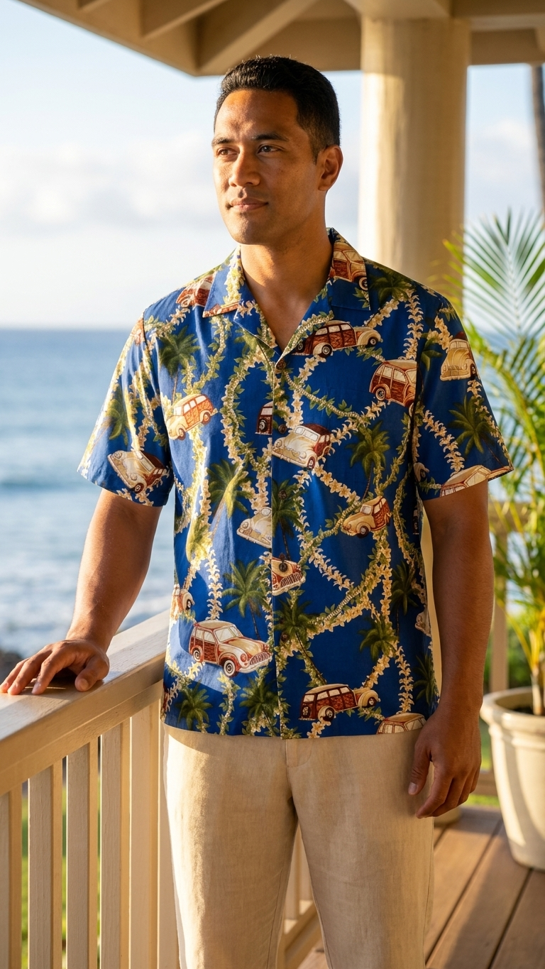 Plumeria Lei Woodie Men's Poly Cotton Shirt — Men's Polyester Shirts — MauiShirts (view 4)