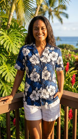 White Hibiscus Fern Women's Hawaiian Camp Shirt — Womens Cotton Shirts — RJC