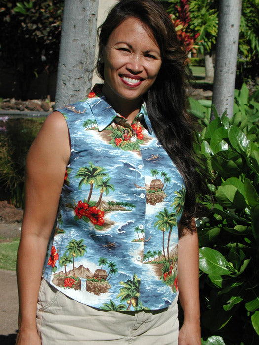 Red Hibiscus Island women's sleeveless cotton