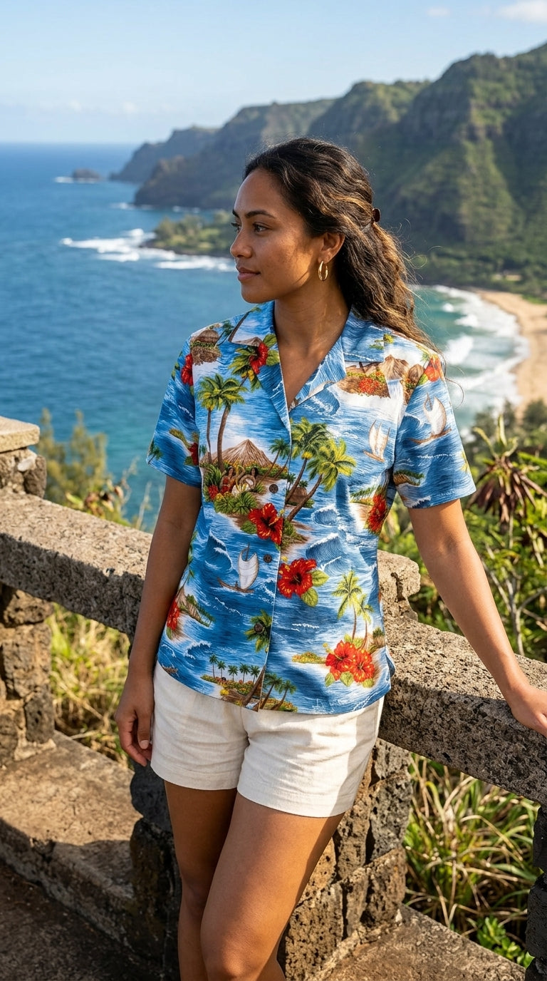 Red Hibiscus Island Women's Hawaiian Camp Shirt — Womens Cotton Shirts — RJC