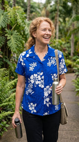 Shadow White Hibiscus women's fitted cotton — Women's Cotton Shirts — MauiShirts (view 6)