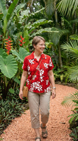 Shadow White Hibiscus women's fitted cotton — Women's Cotton Shirts — MauiShirts (view 5)