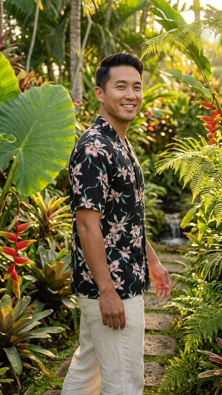 Paradise Found Men's Star Orchid Tom Selleck Magnum PI Hawaiian Shirt