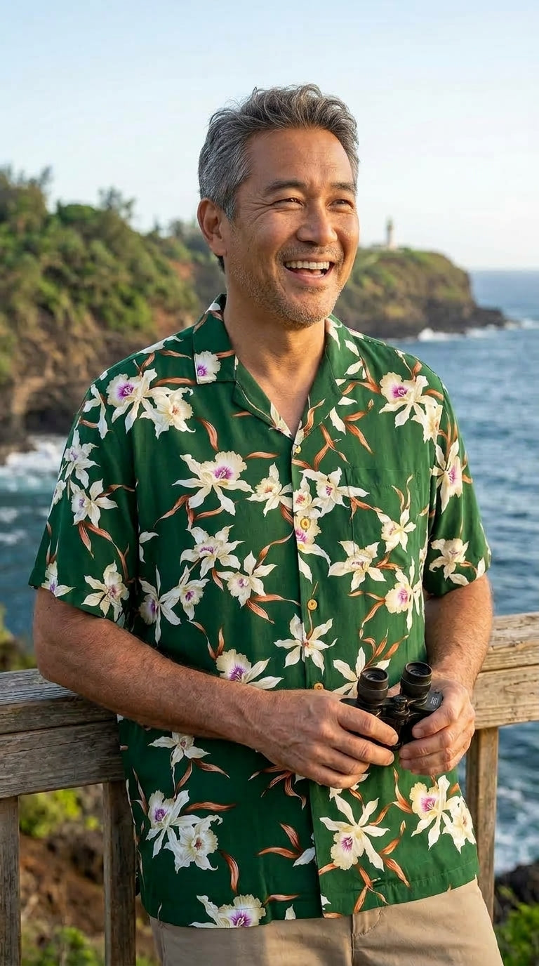 Paradise Found Men's Star Orchid Tom Selleck Magnum PI Hawaiian Shirt