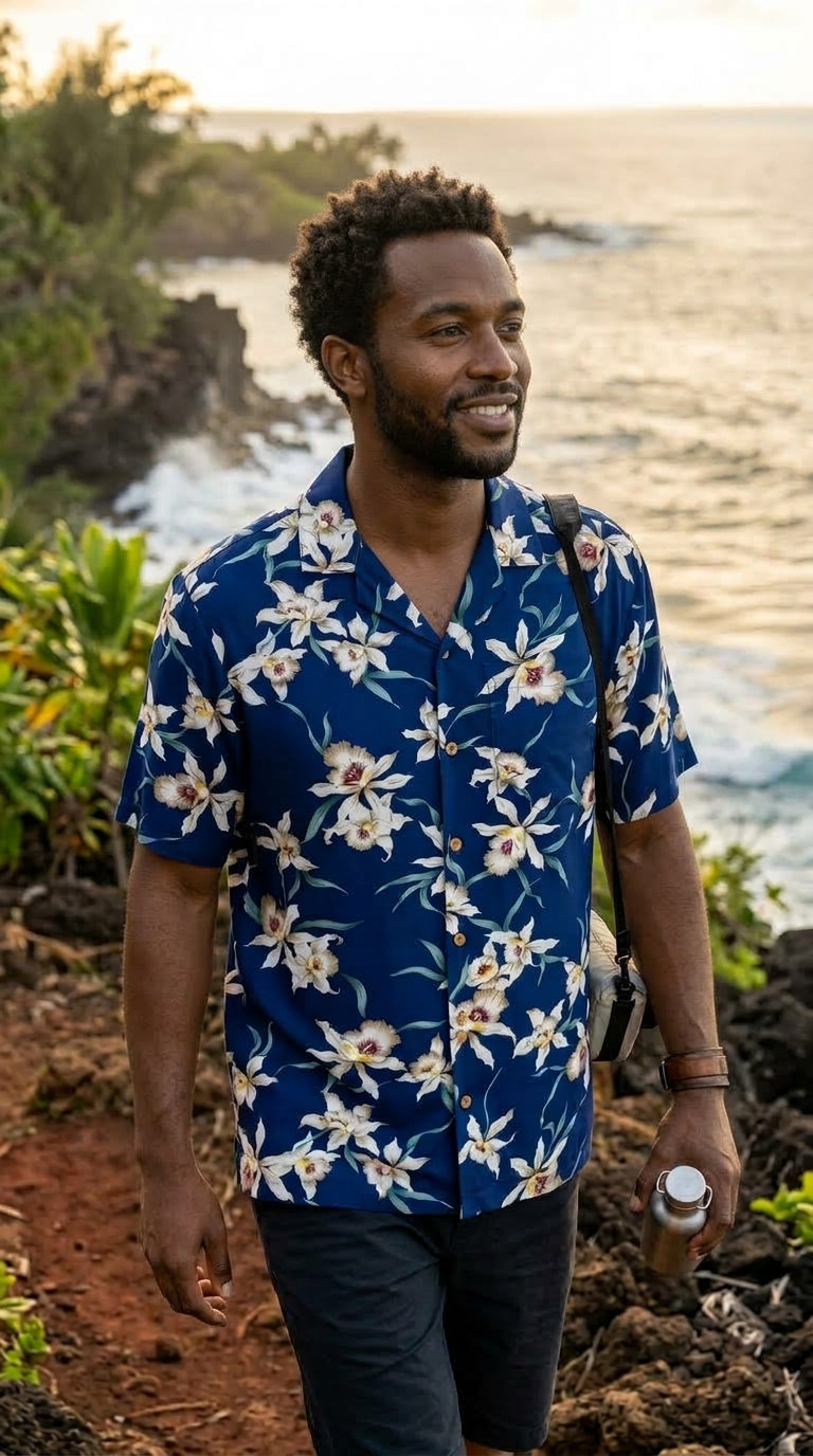 Paradise Found Men's Star Orchid Tom Selleck Magnum PI Hawaiian Shirt