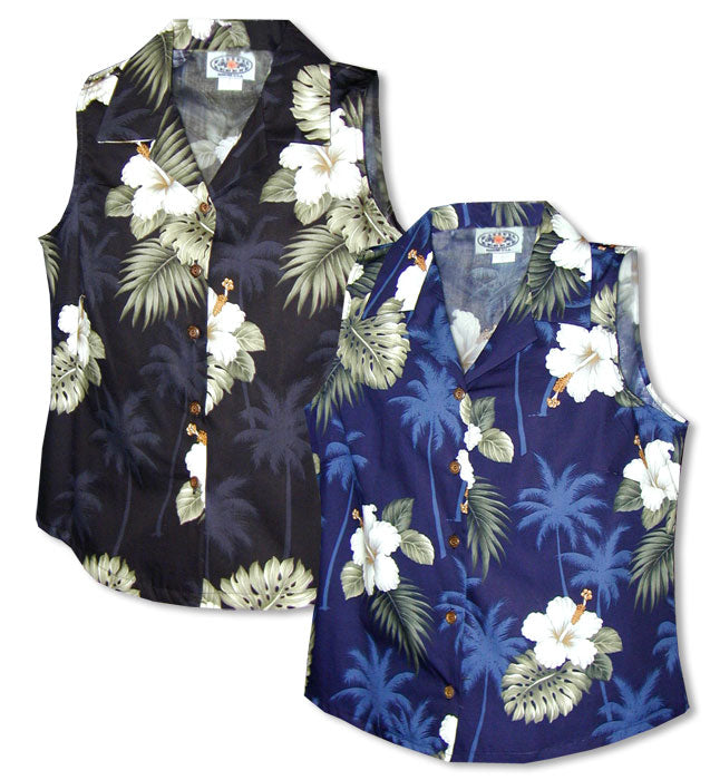 White Hibiscus Monstera women's sleeveless cotton