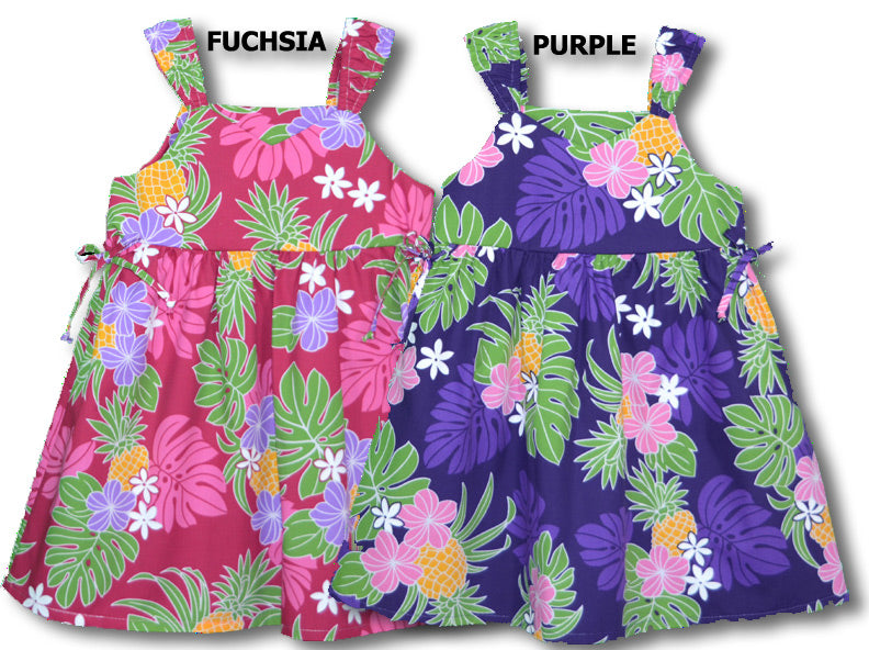 White Plumeria Pineapple girl's side tie dress