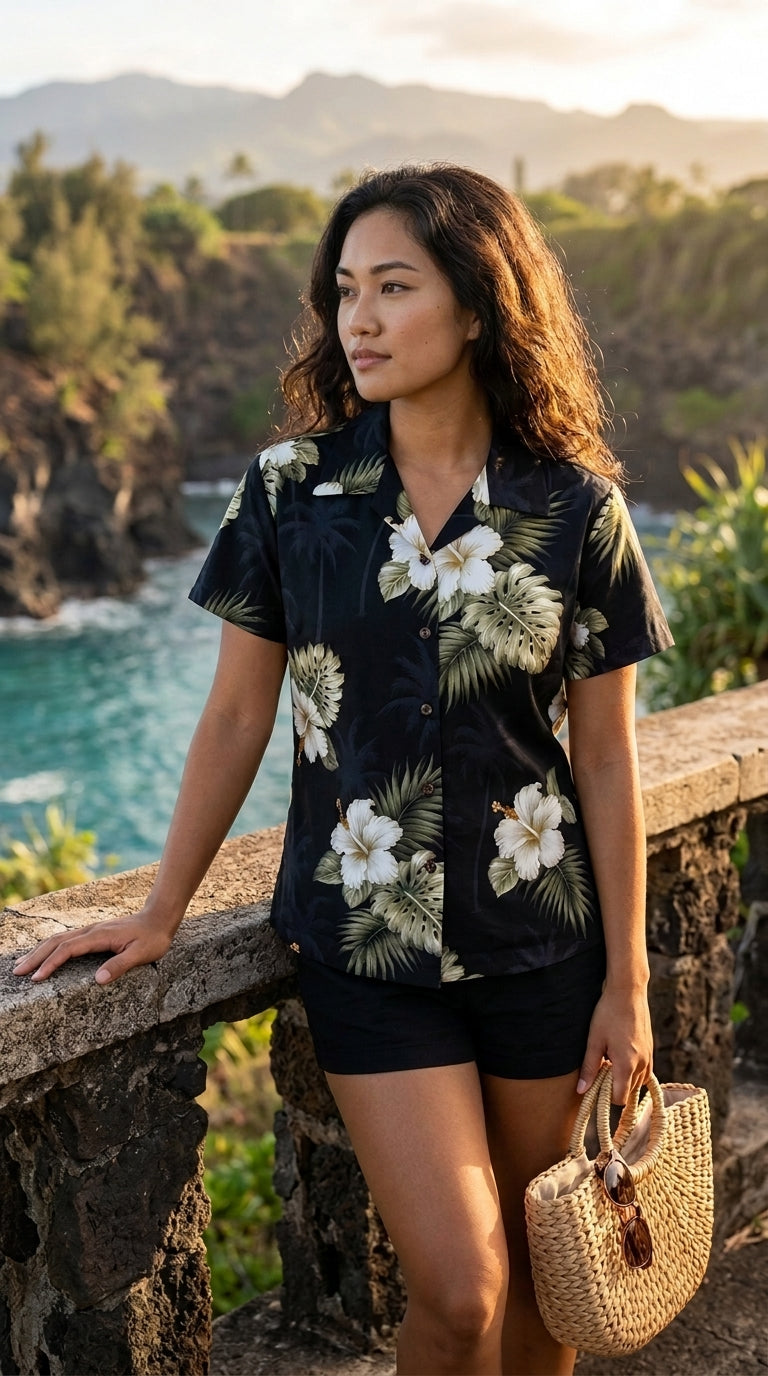 White Hibiscus Monstera women's fitted shirt — Women's Cotton Shirts — MauiShirts (view 8)