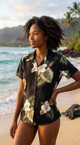 White Hibiscus Monstera women's fitted shirt — Women's Cotton Shirts — MauiShirts (view 3)