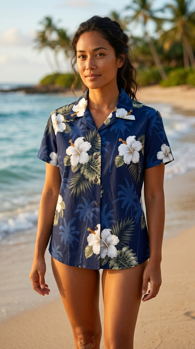 White Hibiscus Monstera women's fitted shirt — Women's Cotton Shirts — MauiShirts (view 10)