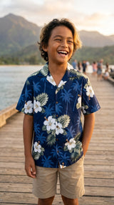 White Hibiscus Monstera boy's shirt — Boys Shirts — MauiShirts