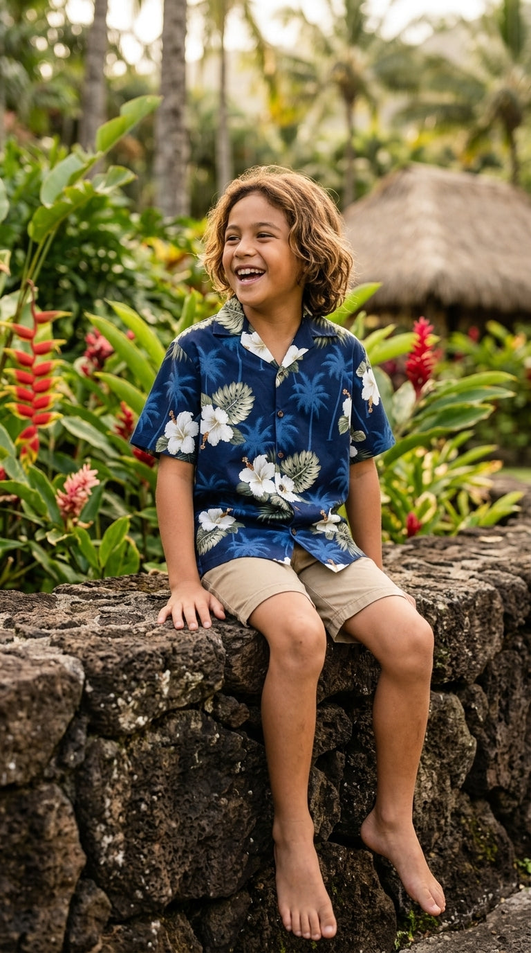 White Hibiscus Monstera boy's shirt — Boys Shirts — MauiShirts (view 6)