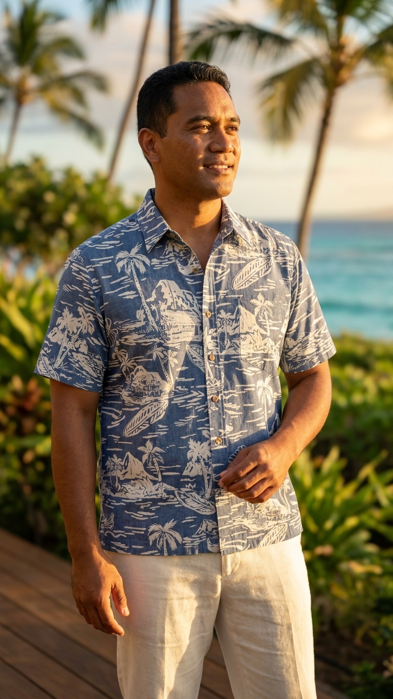 Woodcut Hawaiian Businessman's Reverse Shirt — Men's Reverse Print Shirts — RJC (view 4)