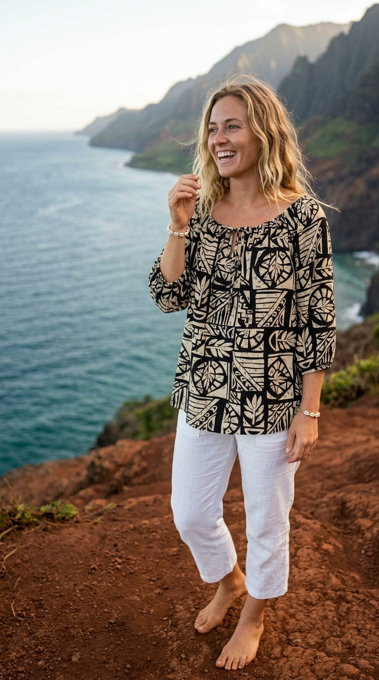 RJC Womens Woodcut Updown Staircase Peasant Blouse — Womens Rayon Blouses — RJC