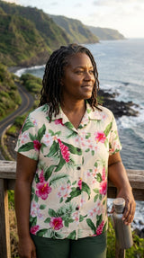 RJC White Plumeria Red Hibiscus Women's Hawaiian Camp Shirt – Rayon, Made in Hawaii