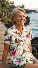 RJC White Plumeria Red Hibiscus Women's Hawaiian Camp Shirt – Rayon, Made in Hawaii