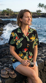 RJC Bird of Paradise Display Women's Hawaiian Camp Shirt – Rayon, Made in Hawaii