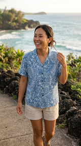 RJC Woodcut Hibiscus Garden Women's Hawaiian Camp Shirt – Rayon, Made in Hawaii
