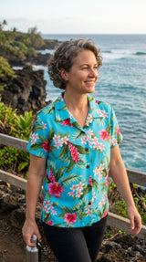 RJC White Plumeria Red Hibiscus Women's Hawaiian Camp Shirt – Rayon, Made in Hawaii