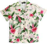 RJC White Plumeria Red Hibiscus Women's Hawaiian Camp Shirt – Rayon, Made in Hawaii
