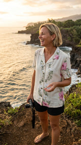 RJC Paradise Lei Panel Women's Hawaiian Camp Shirt – Rayon, Made in Hawaii