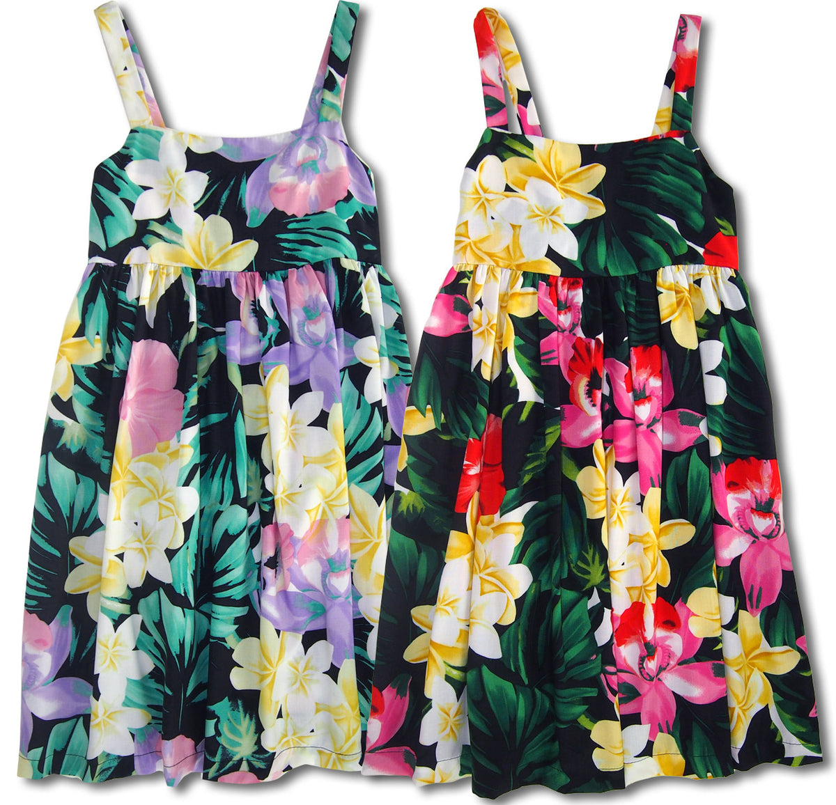 Hawaiian Jungle Flowers girls elastic back dress