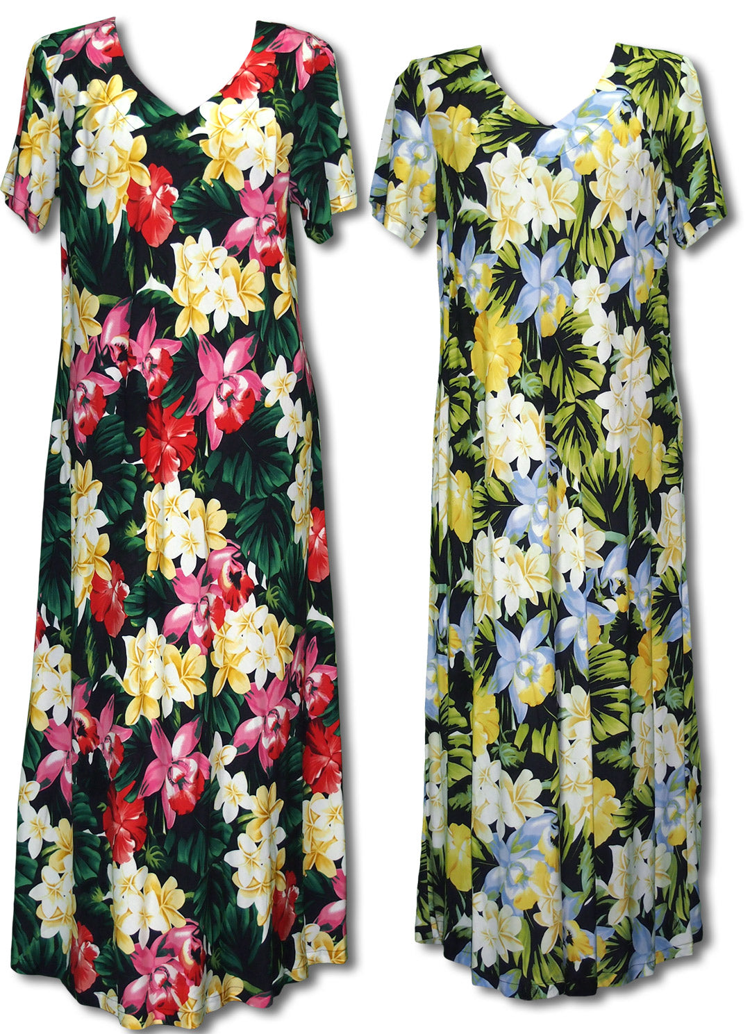 Hawaiian Jungle Flowers V-Neck Evening Dress