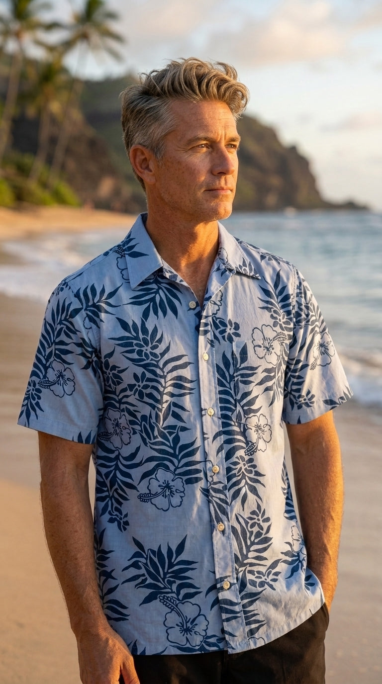 Mini Tahitan Men's Placket Reverse Aloha Shirt — Men's Reverse Print Shirts — Go Barefoot