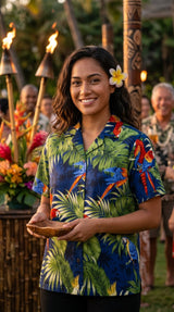Parrot Monstera Women's Hawaiian Camp Shirt — Womens Cotton Shirts — RJC
