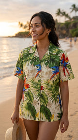 Parrot Monstera Women's Hawaiian Camp Shirt — Womens Cotton Shirts — RJC