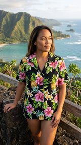 Pineapple HIbiscus Women's Hawaiian Camp Shirt — Womens Cotton Shirts — RJC