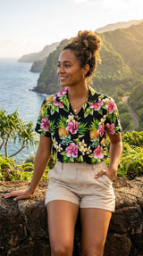 Pineapple HIbiscus Women's Hawaiian Camp Shirt — Womens Cotton Shirts — RJC