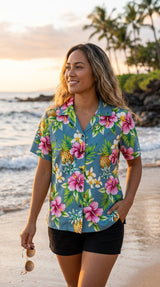 Pineapple HIbiscus Women's Hawaiian Camp Shirt — Womens Cotton Shirts — RJC