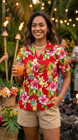 Pineapple HIbiscus Women's Hawaiian Camp Shirt — Womens Cotton Shirts — RJC