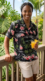Pink Flamingo HIbiscus Women's Hawaiian Camp Shirt — Womens Cotton Shirts — RJC