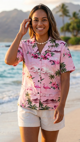 Pink Flamingo HIbiscus Women's Hawaiian Camp Shirt — Womens Cotton Shirts — RJC