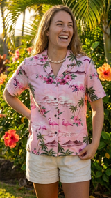 Pink Flamingo HIbiscus Women's Hawaiian Camp Shirt — Womens Cotton Shirts — RJC