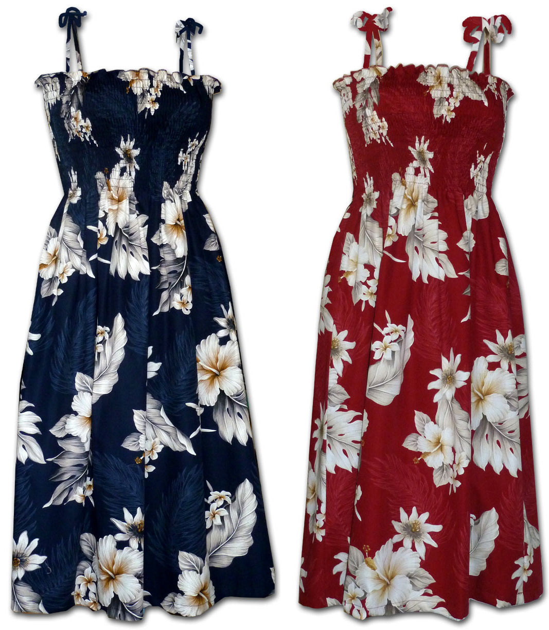 Plumeria Hibiscus Feather Fern Smocked Dress