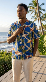 Plumeria Lei Woodie Men's Poly Cotton Shirt — Men's Polyester Shirts — MauiShirts (view 3)