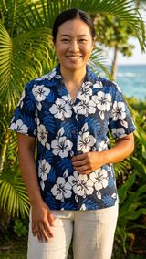 White Hibiscus Fern Women's Hawaiian Camp Shirt — Womens Cotton Shirts — RJC