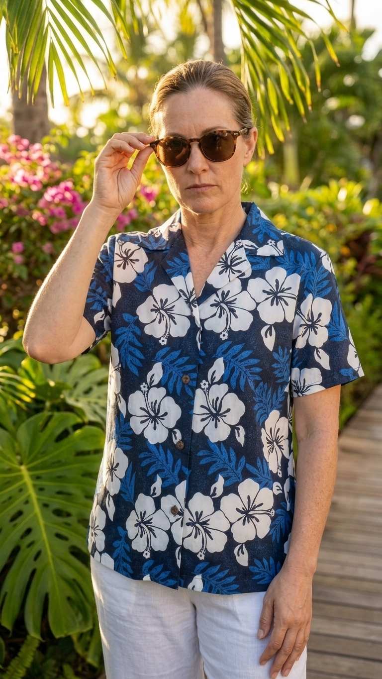 White Hibiscus Fern Women's Hawaiian Camp Shirt — Womens Cotton Shirts — RJC